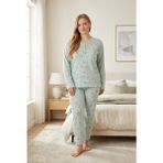 Kadın Büyük Beden Desenli Yakası Düğmeli Uzun Kollu Bambu Pijama Takımı - Mint Yeşil - 5XL
