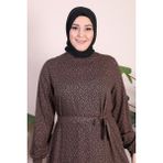 Kadin Buyuk Beden Elbise Tesettur Giyim Hakim Yaka Çıtır Desen - 3XL - Açık Kahverengi