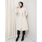 Kadın Büyük Beden Elyaf Dolgulu Spor Kapitone Nova Kumaş Mont 0198 - Bej - 52