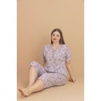 Kadın Büyük Beden Kısa Kollu Kapri Bambu Pijama Takımı - Lila - 5XL