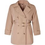 Kadın Büyük Beden Moda Şık Regular Ceket Yaka Midi Düz Astarlı Fit Kemerli Teknik Kumaş Trençkot - Bej - 46