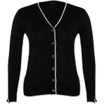 Kadın Büyük Beden Moda Şık Regular V Yaka Uzun Kol Düz Gold Düğme Detaylı Şeritli Triko Hırka - Siyah - 6XL