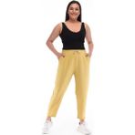 Kadın Büyük Beden Sentetik Keten Yüksek Bel Lastikli Dar Paça Mom Pantolon C611 - 44 - Hardal