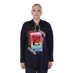 Kadın Büyük Beden Siyah Kapüşonlu Sloganlı Sweatshirt