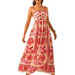 Kadın Cami Maxi Elbise, Kadın Yazlık İnce Askılı Cami Midi Çiçekli Elbise, Dökümlü Yazlık Plaj A Kesimi Sundress (Red,l)