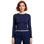 Kadın Casual Bluz Viskon Ribana Fitted Kesim Dik Yaka Uzun Kollu Esnek Kumaş Günlük Kullanım_Lacivert-XS
