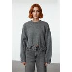 Kadın Casual Crop Oversize Bisiklet Yaka Triko Kazak Düşük Kol Akıtma Detaylı Konforlu Şık -Antrasit-S