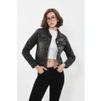 Kadın Cep Detaylı Slim Fit Koyu Gri Jean Ceket