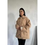 Kadın Cep Kapaklı Düğme Detaylı Yumoş Kumaş Astarlı Teddy Tarz Oversize Kaban Ceket - 02S-Bej