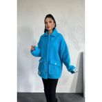 Kadın Cep Kapaklı Düğme Detaylı Yumoş Kumaş Astarlı Teddy Tarz Oversize Kaban Ceket - 04G-Mavi