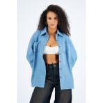 Kadın Cepli Oversize Gabardin Gömlek Ceket - Açık Mavi