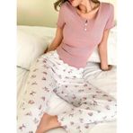 Kadın Çiçekli Desen Yumuşak Pamuklu Uzun Pijama Takımı 5131