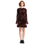 Kadın Çiçekli Desenli Bodycon Mini Tül Elbise Uzun Flare Kollu Astarlı Şık ve Modern Tasarım-Kahverengi-XL