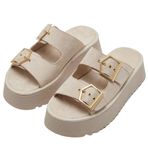 Kadın Çift Tokalı Süet Terlik, 4 cm Platform Taban, Rahat Poli Tabanlı, Günlük Yazlık Kullanım için (Bej, EU Ayakkabı Beden Sistemi, Yetişkin, Kadın, Sayısal, Orta, 36)