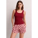 Kadın Çilek Desenli Şortlu Pijama Takımı Bordo Basic Atletli Ev Giyim- Rahat Yazlık Takım Bordo