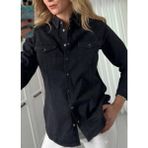 Kadın Çıt Çı Kapamalı Çift Cepli Yakası Taş Detaylı Likralı Slim Fit Üst Düzey Jean Gömlek - Siyah