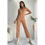 Kadın Çıt Çıt Düğmeli Uzun Kollu Denim Kiremit Tulum