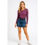 Kadın Çizgili Basic Bluz - Pembe Siyah - Günlük Rahat Şık Kombin - Yeni Sezon Trend - XL