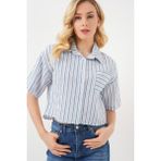 Kadın Çizgili Crop Gömlek 20342 - Mavi - 38