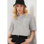 Kadın Çizgili Crop Gömlek 20342 - Siyah - 36
