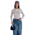 Kadın Çizgili Düğme Detaylı Bluz – Retro Stripe, beyaz, m