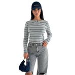 Kadın Çizgili Düğme Detaylı Bluz – Retro Stripe, gri, l