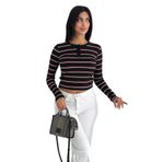 Kadın Çizgili Düğme Detaylı Bluz – Retro Stripe, siyah, m