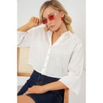 Kadın Çizgili Oversize Kısa Gömlek 20326 - Beyaz - 42