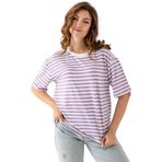 Kadın Çizgili Oversize Kısa Kollu Viskon Penye Bluz (Lila Beyaz, S)