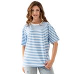 Kadın Çizgili Oversize Kısa Kollu Viskon Penye Bluz (Mavi Beyaz, M)