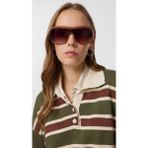 Kadın Çizgili Polo Yaka Triko Kazak – Düğmeli, Oversize Rahat Kesim, Trend Günlük Stil - Haki - Kahverengi - Standart
