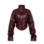 Kadın Crop Deri Ceket Korse Detaylı Dik Yaka Fermuarlı Suni Deri Ceket (Bordo, M)