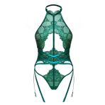 Kadın Dantel Bodysuit Jartiyer Kemerli, Halter Boyun Sırtı Açık Oyuncak, Tek Parça Bodysuit İç Çamaşırı, Zümrüt Yeşili, X-Large, Seksi