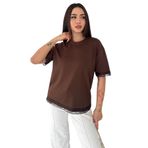 Kadın Dantel Detaylı Basic T-Shirt – Beyaz Oversize Şık Tişört, kahverengi, l