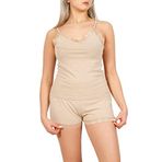Kadın Dantel Detaylı Şort/Askılı Üst Puantiyeli Pijama Takımı (Bej, L)