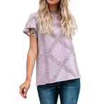 Kadın Dantel Patchwork Flare Fırfırlı Kısa Kollu Gömlek Bluz Tişört Kadın Sıra dışı Tişört V Yaka Yaz Üstleri Hafif Kadın Tişörtü Siyah Gömlek, Mor, XXL