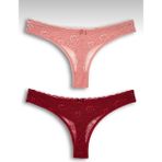 Kadın Dantelli 2'li Tanga Set Külot-Tanga-String - Bordo - Pembe - 2XL