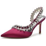 Kadın dantelli ayak parmağı slingback gelin pompası, suni elmas taşlı, kapalı ayak parmakları ila orta boy kedi topuklu düğün ve gece elbiseleri için, Wine Red, 39 EU