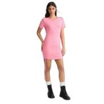 Kadın Dar Kesim Logo Desenli Yuvarlak Yaka Beli Büzgülü İp Bağlamalı Kısa Kollu Pembe Elbise TA5206JS005-61723