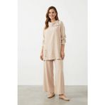 Kadın Degaje Yaka Taş Detaylı Tunik Pantolon Takım - 14448TKS - BEIGE