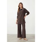 Kadın Degaje Yaka Taş Detaylı Tunik Pantolon Takım - 14448TKS - BROWN