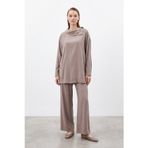 Kadın Degaje Yaka Taş Detaylı Tunik Pantolon Takım - 14448TKS - MINK