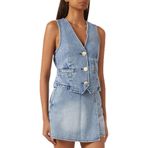 Kadın Denim Kumaş Düğme Kapama Gold Düğme Kapama Mavi Mont XW002263 AF21338-MB001