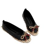 Kadın Deri Babet Ayakkabı, Jüt Örgülü Kenar, Ahşap Boncuklu Fiyonk Detaylı, Ortopedik Tabanlı, Esnek Taban, Slip-On Model (Siyah, EU Ayakkabı Beden Sistemi, Yetişkin, Kadın, Sayısal, Dar, 38)