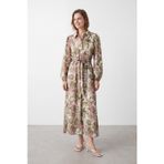 Kadın Desenli Gömlek Yaka Uzun Elbise - 32498ELB - KHAKI