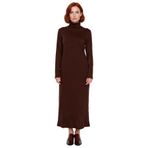 Kadın Dik Yaka A Kesim Triko Maxi Elbise Uzun Standart Kollu Akrilik Düz Desen Kışlık Günlük Şık-Kahverengi-2XL