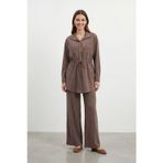Kadın Dik Yaka Çıtçıt Detaylı Belden Bağlamalı Tunik Pantolon Takım – 14443TKS - BROWN