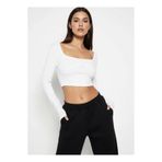 Kadın Dikiş Detaylı Uzun Kollu Crop Bluz Beyaz 36