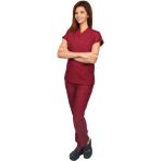 Kadın Doktor Hemşire Forması Scrubs Likralı Esnek Kumaş Hastane Nöbet Takımı (V Yaka Dr Greys) - Bordo