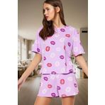 Kadın Dudak Desenli Pamuklu Kısa Kollu Pijama Takımı Rahat Ev Giyim Yaz Modern Stil Kaliteli İşçilik